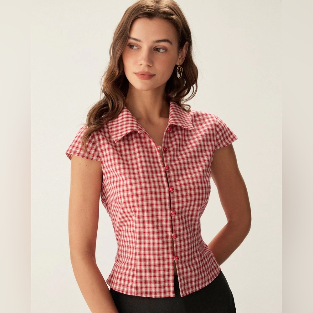 RIHOAS Red Plaid Cap Sleeve Button Blouse L